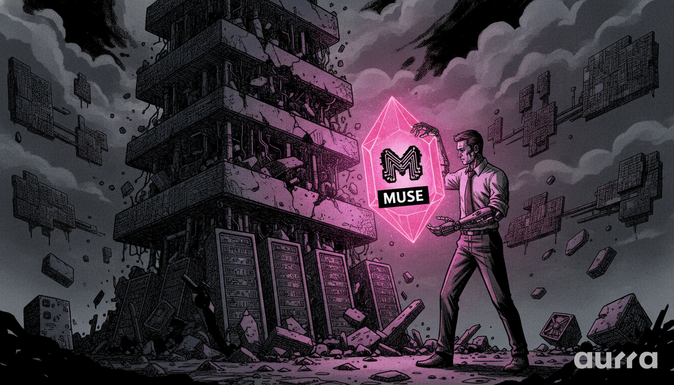A sketch drawing in image_e4ac23.jpg showing a man with cybernetic arms standing in front of a crumbling tower of server racks. He holds his hands around a glowing pink crystal stamped with an M logo and the word MUSE, surrounded by floating debris against a dark sky.