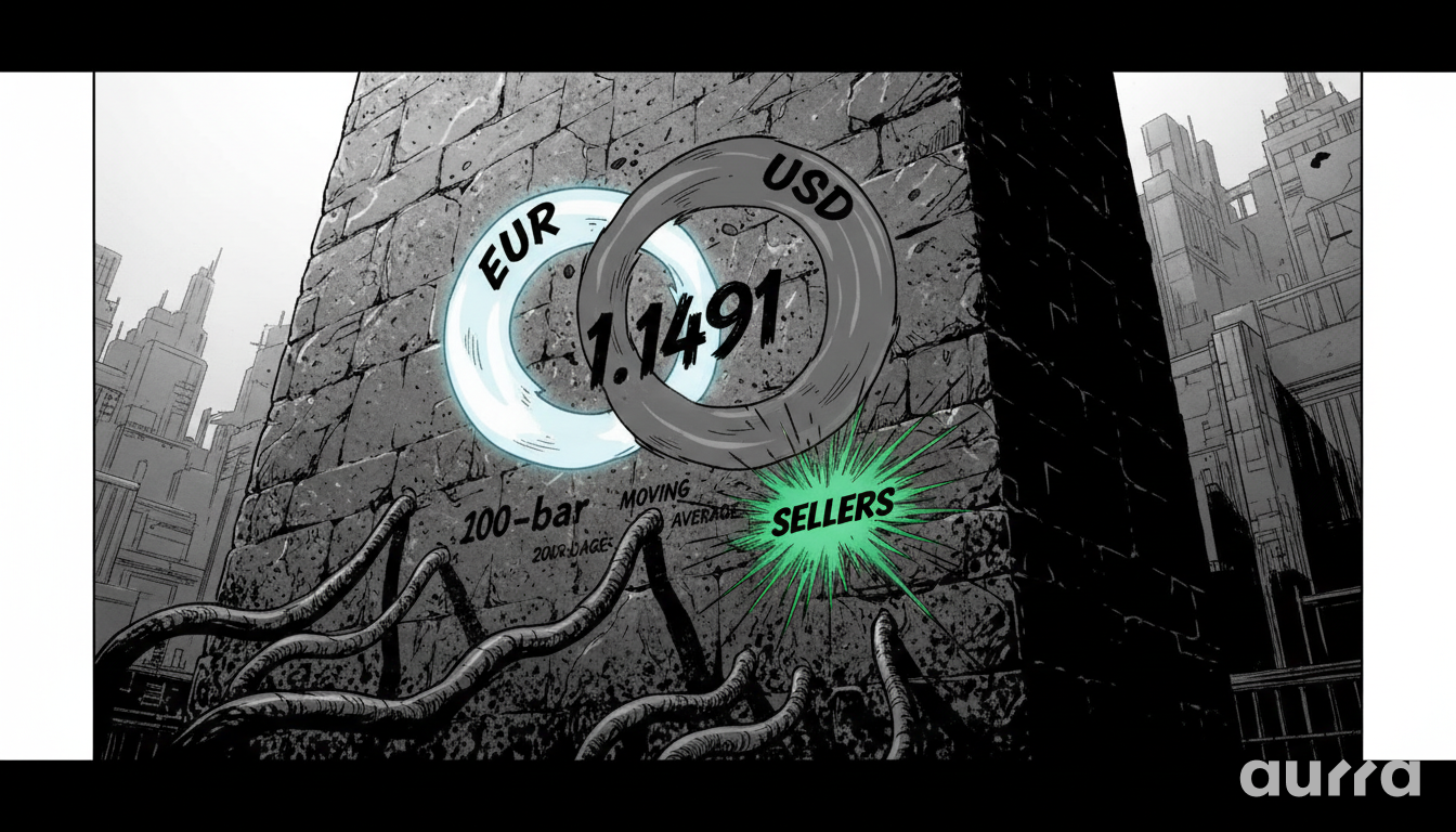 Illustration of a stone wall engraved with EUR and USD rings, the number 1.1491, a 100-bar moving average, and a glowing green sellers burst.