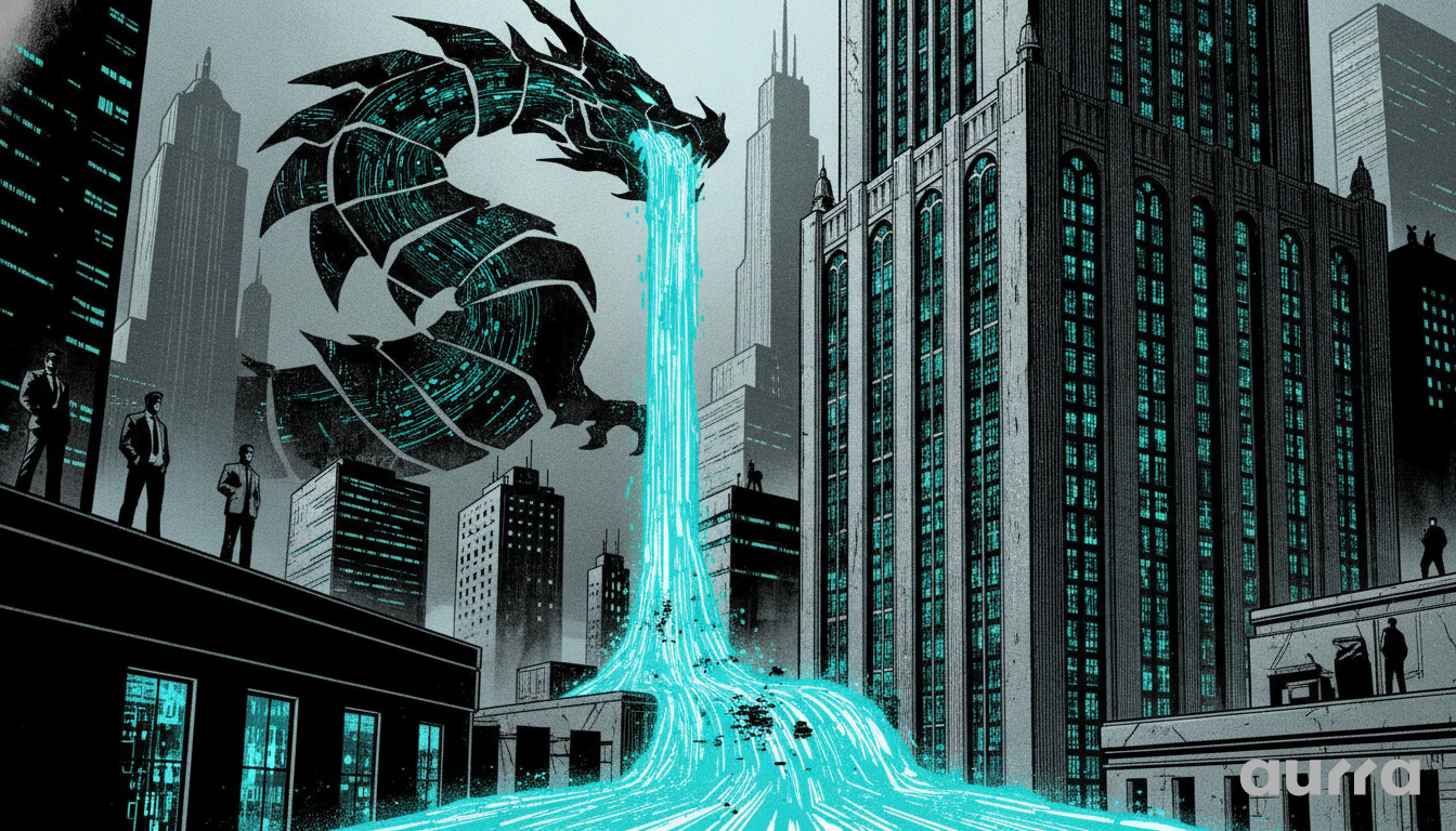 A stylized grayscale and teal illustration of a digital cybernetic dragon soaring over a city skyline and pouring a glowing stream of data into a skyscraper, symbolizing an AI model integrating with Wall Street data providers.