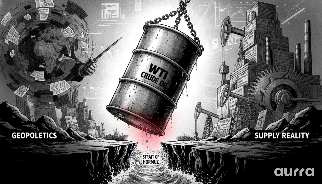 A black and white sketch drawing in image_121a9c.jpg showing a WTI Crude Oil barrel suspended by chains over a water gap labeled Strait of Hormuz, positioned between a Geopolitics side and a Supply Reality side.