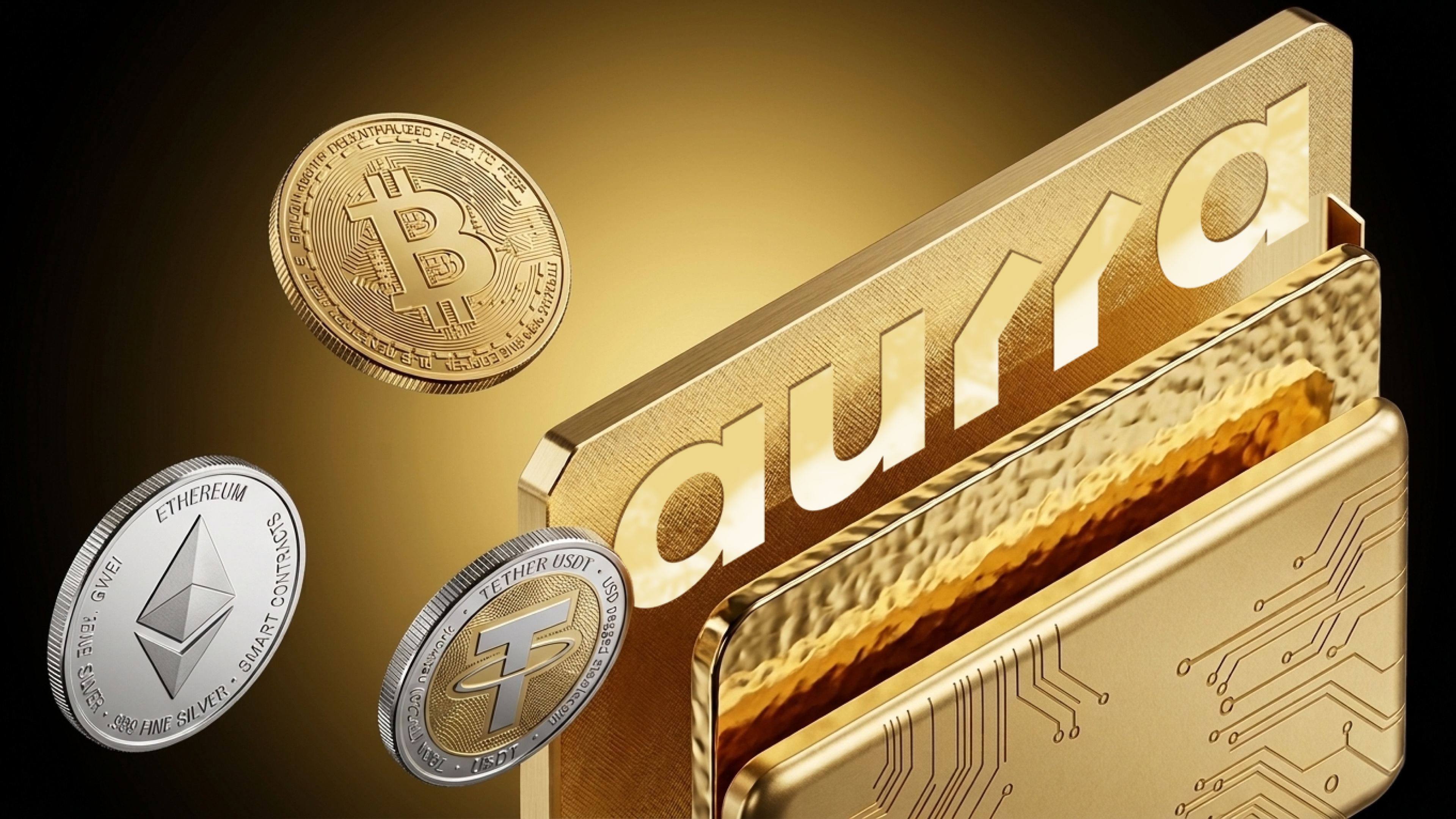 Golden Aurra Wallet with Aurra Logo for Instant Crypto Funding