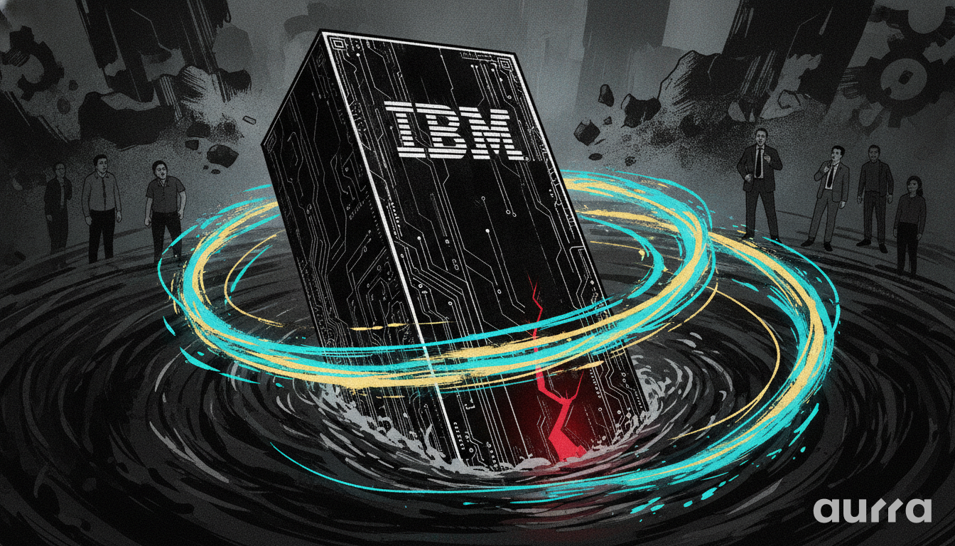 A digital illustration in image_d0f88d.jpg showing a large black monolith with the IBM logo and circuit patterns emerging from a dark whirlpool surrounded by glowing cyan and yellow energy rings, as businessmen watch from the edge.