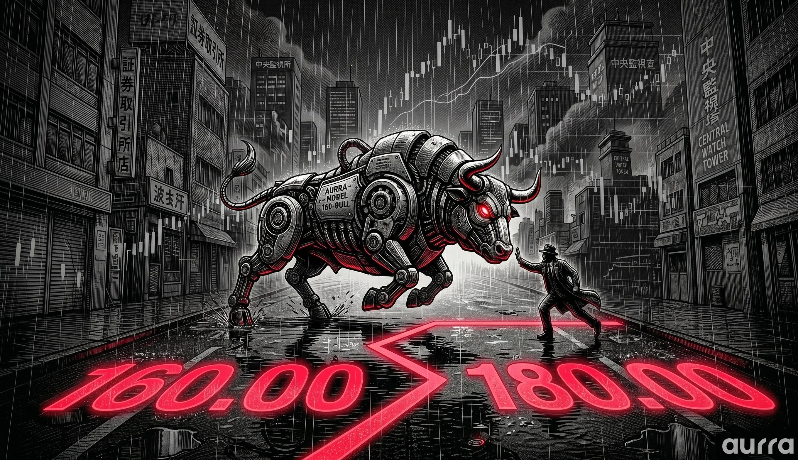Illustration of a massive glowing red line painted across a dark Japanese city street with the number 160.00 on it. A large mechanical bull charges toward the line, while a shadowy official in a suit holds up a hand to stop it. Rain falls heavily over faint financial candlestick charts in the background.