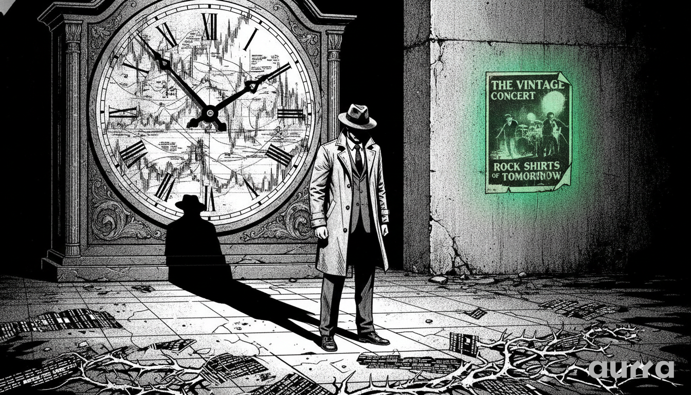 A black and white sketch drawing in image_114bc6.jpg showing a man in a trench coat standing near a large clock face covered in stock charts that casts a shadow of another man, next to a neon green poster reading The Vintage Concert Rock Shirts of Tomorrow.