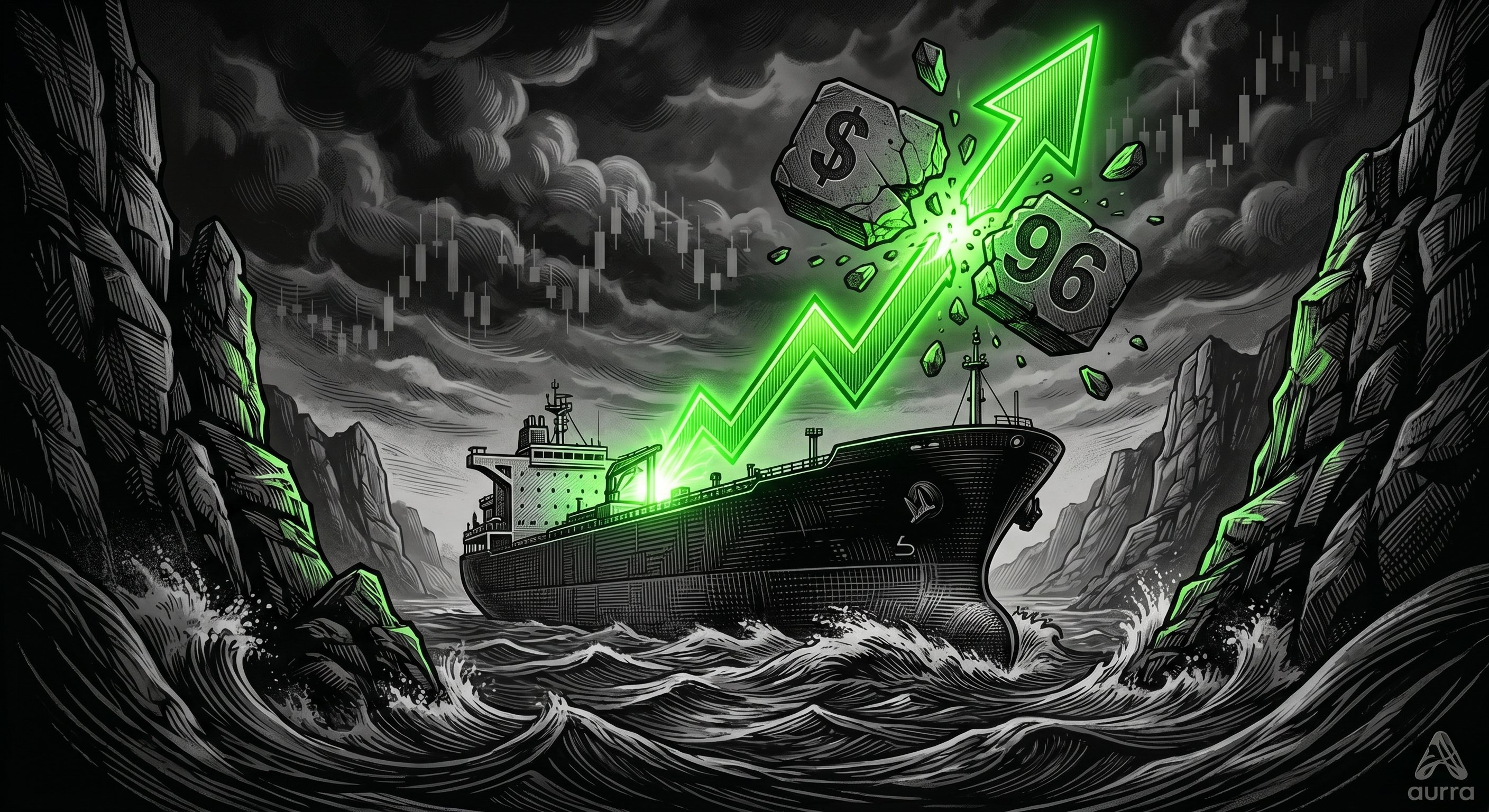 Illustration of a dark oil tanker moving through a narrow rocky strait under a stormy sky. A bright glowing green trend line shoots upward from the ship, breaking through a heavy stone block labeled $96. The water is turbulent, and faint financial candlestick charts are visible in the dark background clouds.