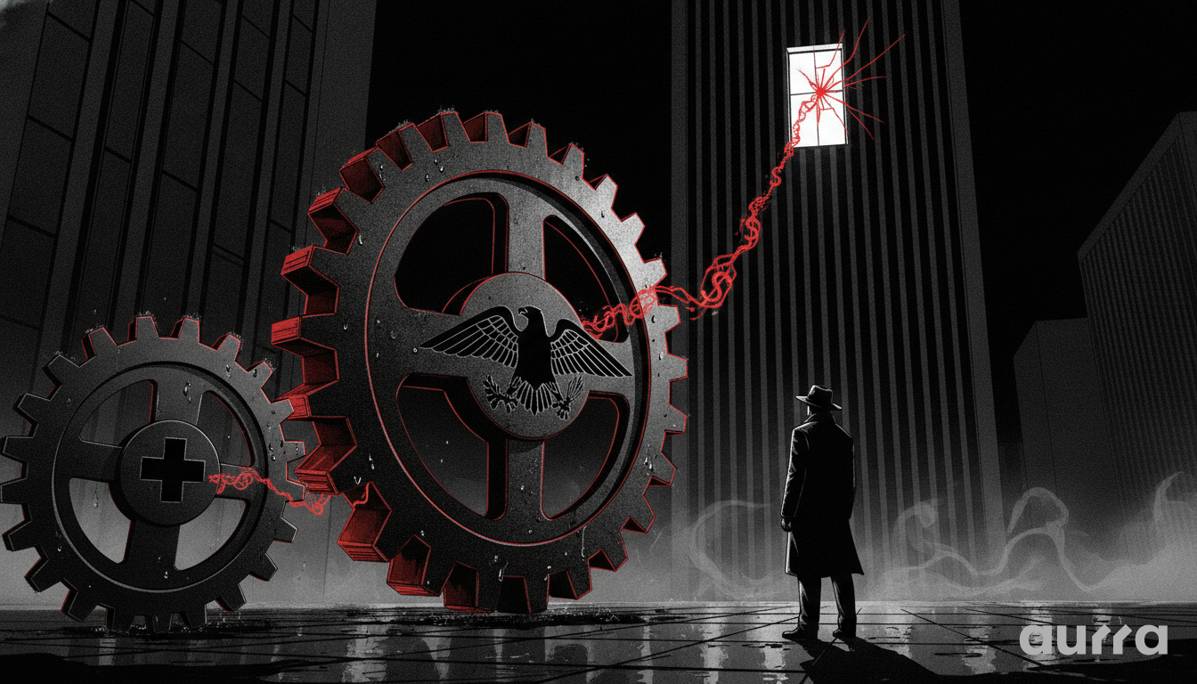 A black and white sketch drawing in image_fd15eb.jpg showing a small gear with a cross symbol connected to a larger gear with an eagle emblem, with a red line of dollar signs extending up to a cracked window on a tall building as a man in a trench coat watches.