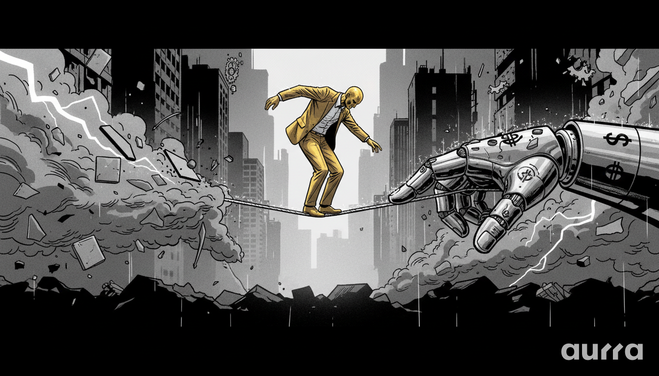 Illustration of a man in a gold suit walking a tightrope between a crumbling building and a robotic hand marked with dollar signs.